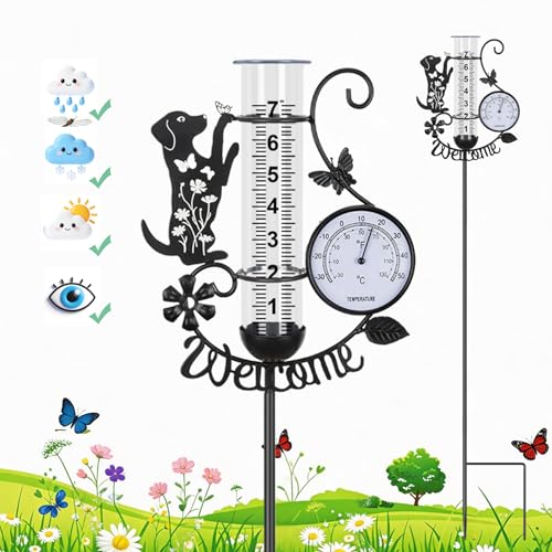 37.8" Rain Gauge Outdoor with Thermometer, Cute Dog Garden Rain Gauges - color: Black - Dog