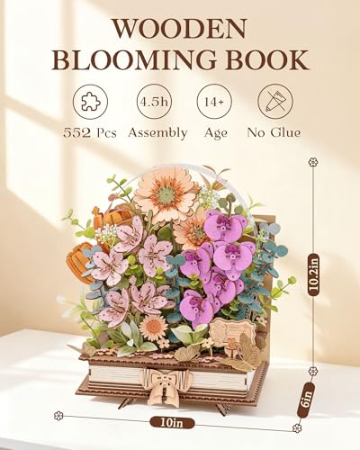 Wowood 3D Wooden Flower Puzzles for Adults-Wooden Bloom Book, Mothers Day DIY Crafts Model Kits Building Set Birthday Gifts, Artificial Botanical Decor Creative Gift for Women to Table Dispaly(552PCS)