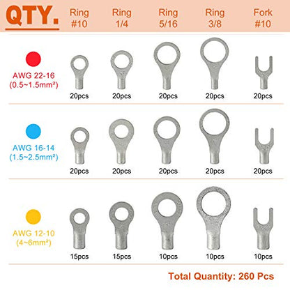 260PCS AWG 22-16 16-14 12-10 Copper Ring Fork Terminals Tin Plated Non-Insulated Electric Wire Connectors