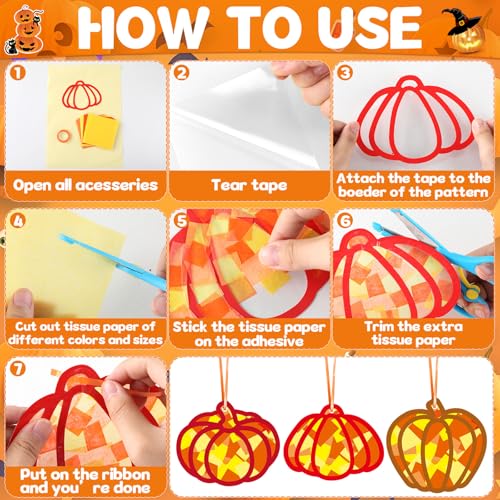 Qyeahkj 36 Set Fall Pumpkin Suncatchers Crafts for DIY Autumn Window Tissue Paper Crafts Kit Thanksgiving Pumpkin Hanging Decor for Fall Home Activity Art Project Birthday Party Favor Gift - style: Fall Pumpkin