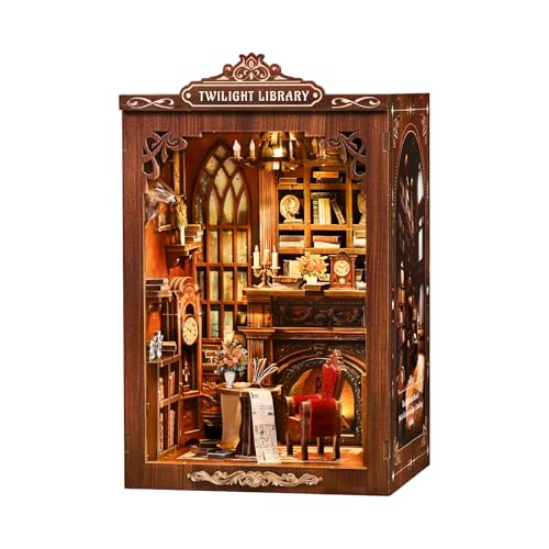 DIY Book Nook Kit with LED Light, Miniature Dollhouse, 3D Wooden Puzzle, Bookshelf Insert Decor Craft Gift (Twilight Library) - style: Twilight Library