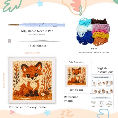 SDOYUNO Punch Needle Kit with Frame for Adults Beginners Kits 9.84 x 9.84 Inch Embroidery Starter Kits Punch Needle Kit with Fox Pattern, Threader, Yarns, Rug Punch, DIY Craft Kits (Brown) - color: brown