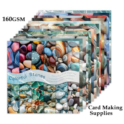 Scrapbook Paper, 24 Sheets 6"×6” 160gsm Single-Sided Patterned Cardstock - color: 24 sheets-colorful stones