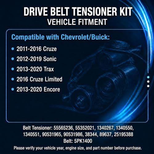 Belt Tensioner with Pulley & Serpentine Belt Fits 2011-2016 Chevy Cruze 2012-2019 Sonic 2013-2020 Trax 2016 Cruze Limited 2013-2020 Buick Encore Replace 55565236 5PK1400 - size: 90K 38344A