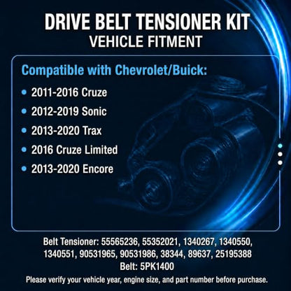 Belt Tensioner with Pulley & Serpentine Belt Fits 2011-2016 Chevy Cruze 2012-2019 Sonic 2013-2020 Trax 2016 Cruze Limited 2013-2020 Buick Encore Replace 55565236 5PK1400 - size: 90K 38344A