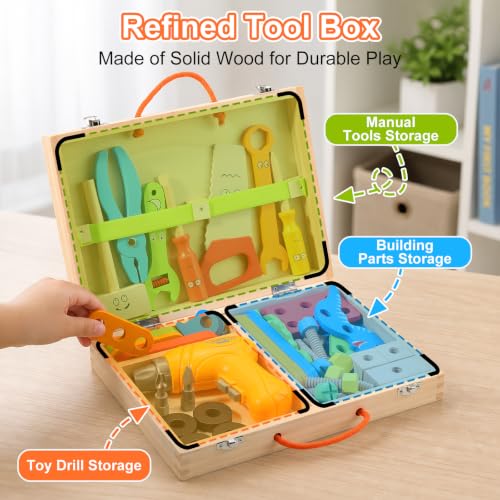 Phobby Wooden Tool Set with Drill & Belt Toy for Kids Ages 2 3 4 5 6, 60Pcs