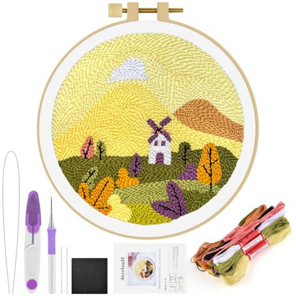 ERKOON Punch Needle Kit Adults Beginners, DIY Easy Landscapes Embroidery Set for Starter Art Craft, Needling Punch Project with Patterns, Tools, Yarns, Hoop, Instruction (Fall) - color: Fall