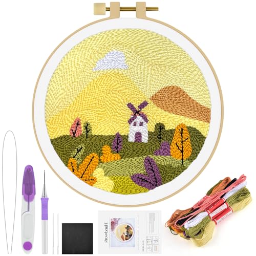 ERKOON Punch Needle Kit Adults Beginners, DIY Easy Landscapes Embroidery Set for Starter Art Craft, Needling Punch Project with Patterns, Tools, Yarns, Hoop, Instruction (Fall) - color: Fall