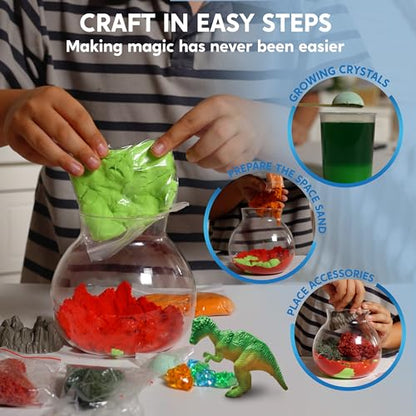 Klever Kits JOVA Make Your Own Dinosaur Crystal Terrarium Crafts Kit for Kids-Crystal Growing Science 12 Color LED Night Light Birthday Gifts Toys for Kids