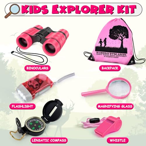 ESSENSON Kids Explorer Kit - Adventure Kit for Kids, Outdoor Explorer Kit with Binoculars, Summer Outdoor Toys for Kids Ages 4-8 - color: Pink