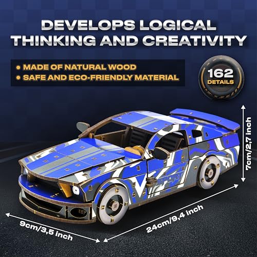 3D Wooden Puzzles – Blue Car Model Building Kits Adult - Adult DIY Building Sets – Gifts 3D Wooden Puzzles for Adults – 15+ Years Wood Building Kits - Creative Assembly for Adults - color: Blue