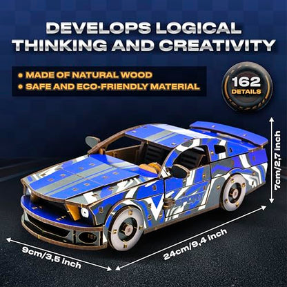 3D Wooden Puzzles – Blue Car Model Building Kits Adult - Adult DIY Building Sets – Gifts 3D Wooden Puzzles for Adults – 15+ Years Wood Building Kits - Creative Assembly for Adults - color: Blue