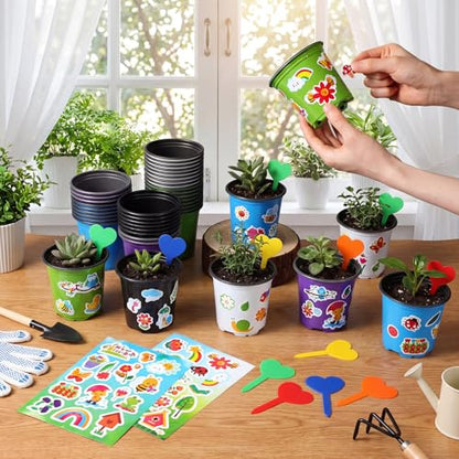 150 Sets Garden Pot Craft Kit Bulk DIY Flower Planting Kit Including Plastic Nursery Pots Labels and Stickers for Flower Planting Growing Garden Supplies(Fresh) - style: Fresh