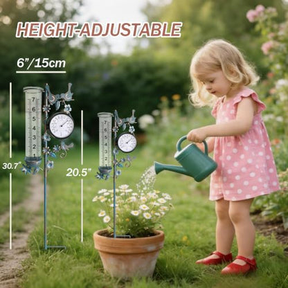 Rain Gauge Best Rated with Thermometer, Freeze Proof & Weatherproof - color: Bird & Flowe (Blue)