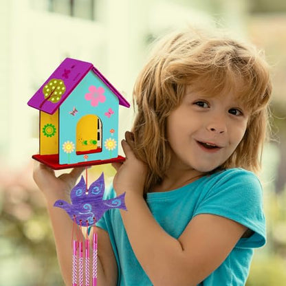 Feifeiya 24 Sets DIY Birdhouse Wind Chime Kit Build and Paint Birdhouses Wooden Arts 24 Unfinished Wooden Bird House 24 Wind Chime 38 Butterfly Sticker 24 Watercolor Arts for Activity(Elegant) - style: Elegant