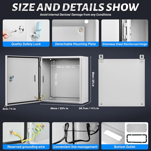 Steel Electrical Junction Box, 24 x 24 x 12'' Waterproof & Dustproof Electrical Enclosure, Outdoor & Indoor Universal Project Box with Lock & Mounting Plate - size: 24 x 24 x 12"