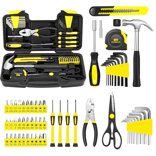 58-Piece Household Tool Set, Yellow Hand Kit with Plastic Toolbox - color: Yellow, size: 58-Piece