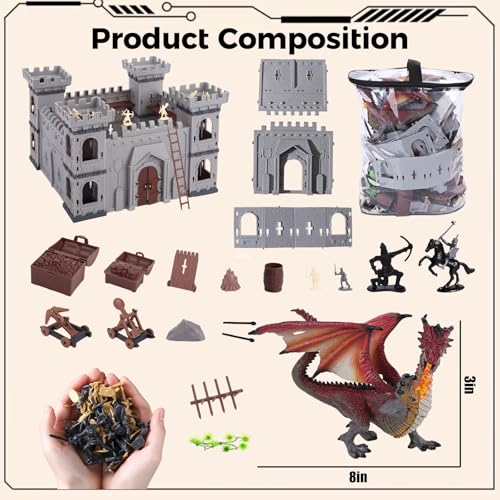LovesTown 275PCS Medieval Dragon Set with Castle, Knights Warrior Figures