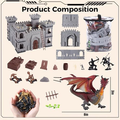 LovesTown 275PCS Medieval Dragon Set with Castle, Knights Warrior Figures