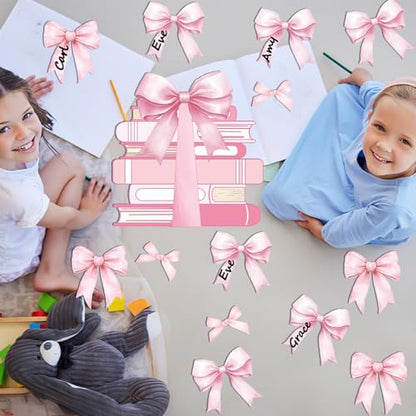 Pink Bow Bulletin Board Set Motivational Kindness Classroom Bulletin Board Decorations Bow Reading Book Cutouts Border Classroom Decorations for Back to School Office Home Chalkboard Decor Wall Door - style: Bow