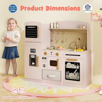 Costzon Kids Kitchen Playset, Wooden Pretend Play Kitchen w/Real Lights & Sounds, Chalkboard, Microwave, Ice Maker, Dishwasher, Sink, Cookware Accessories, Play Kitchen for Kids Ages 3+ (Pink) - color: Wooden Pink