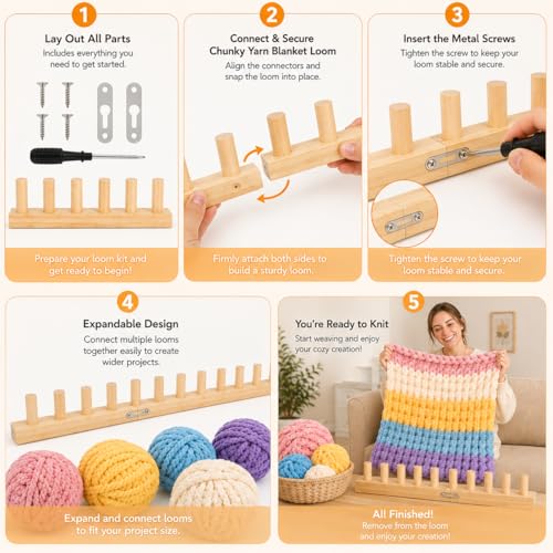 48'' Chunky Knitting Blanket Loom, Adjustable Wood Knit Loom with Detachable Modules, Portable Hand Weaving Loom Kit for Beginners, DIY Yarn Craft Tool for Home & Trave (48 inch) - size: 48 in – 4 Sections