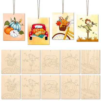 COCHIE 10PCS Large Fall Unfinished Wood Crafts to Paint for Adults, Bulk Predrilled Wooden Ornaments for Painting, Pumpkin Scarecrow Maple Leaf Paintable Wood Slices Craft Supplies with Ropes - color: Fall