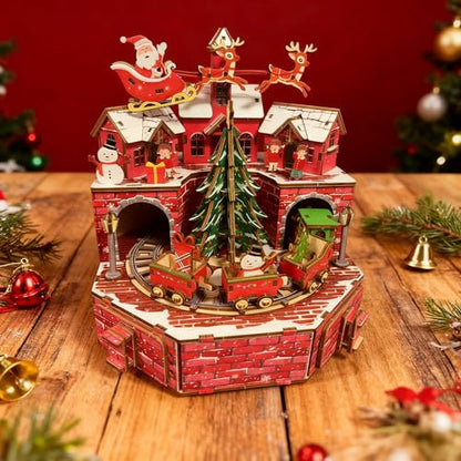 3D Wooden Puzzle Music Box Train, red Brick Base with Christmas Tree 3D Wooden Puzzles for Adults, Christmas sled, Reindeer, Vacation Home Decoration, Music Rotating Display - style: Traditional