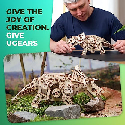 UGEARS Triceratops Dinosaur 3D Wooden Puzzles for Adults - Wooden Models Kits for Adults Dinosaur Model Kit Dino Wood Puzzle Animal Models for Adult Brain Teaser, Hobby Set