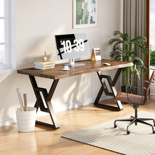 55 Inch Real Wood Desk for Home Office, Solid Pine Writing Desk with Natural Live Edge, Rustic Computer Desk with Industrial Metal Legs, Large Workstation Table for Study, Gaming and Dining - size: YC-2