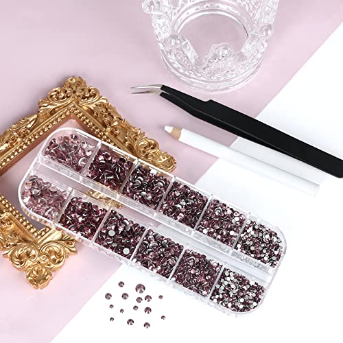 12 Grids 3792pcs Lt.Amethyst Flatback Rhinestones Set for Nail, Art, Crafts, Makeup, Tumblers Glitter Round with Tweezers and Picking Pen(SS6~SS20) - color: Lt.Amethyst