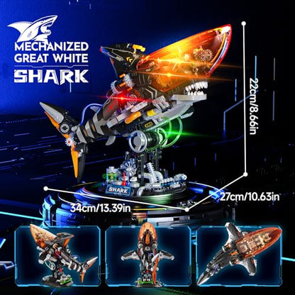 Punk Style Shark Building Set with Light, 1076-PCS Articulated Mechanical Jaws Fish Model with Display Stand, Ocean Predator Kit for Kids 8+ and Adults, Birthday for Marine & Mech Fans - color: Black