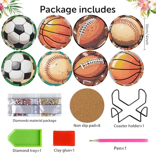 8 Pcs Diamond Art Coaster Kit for Adult with Holder, Diamond Coasters 4x4in - color: Ball Coasters, size: 8 Pcs 4x4in