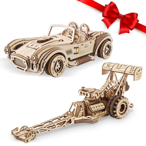 UGEARS Bundles 3D Puzzles - Dragster and Drift Cobra Racing Car,3D Puzzle Wooden 3-D Puzzles for Adults Model kit DIY Mechanical Puzzles