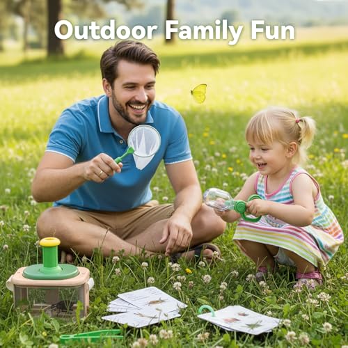 Wooden Bug Catcher for Kids, 360° Rotating Magnifier, Insect Explorer kit, with Bug Habitat, Butterfly Net, Bug Tongs, 10 Insect Cards, Montessori STEM Nature Toy for Outdoor
