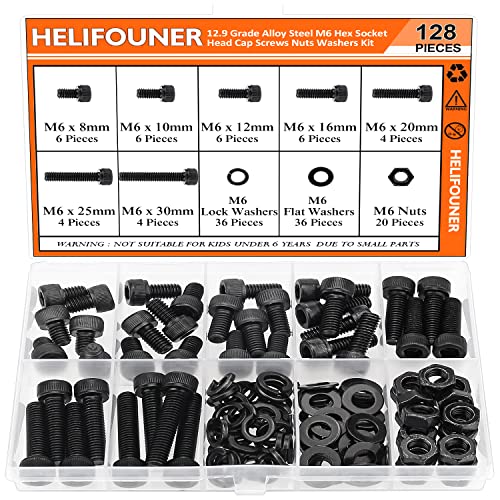 HELIFOUNER 128 Pieces M6 x 8mm /10mm /12mm /16mm /20mm /25mm /30mm, Hex Socket Head Cap Screws Bolts Washers Nuts Kit, 12.9 Grade Alloy Steel, Full Threaded, Black - size: M6, style: Socket Head