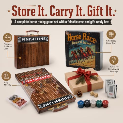 Horse Race Board Game Foldable Solid Wood Horse Racing Game - color: Large Folding Box-burnt