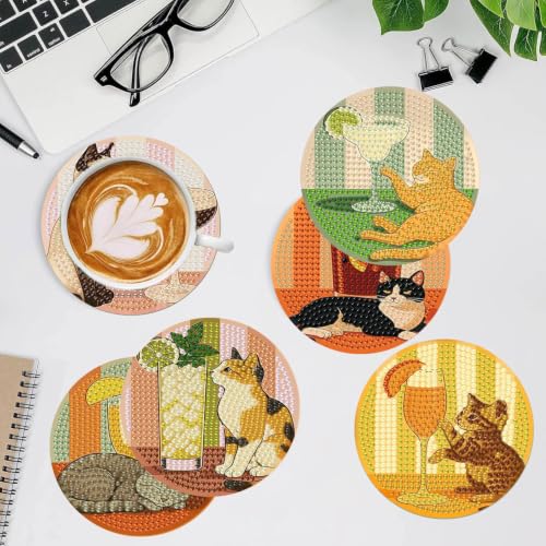 8 PCS Cocktail Cat Diamond Art Coasters with Holder - color: Cocktail