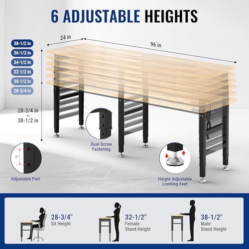 WORKPRO 96" Adjustable Workbench, Power Outlet & Pegboard, 4000LBS Capacity - size: 8FT workbench