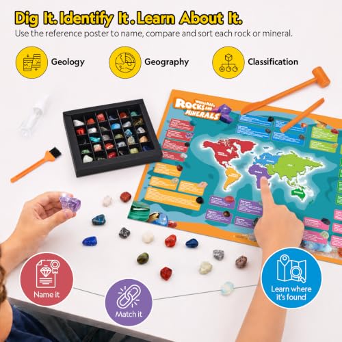 CubicFun World Map Gemstone Dig Kit for Kids 8-12, 30 Rocks & Minerals