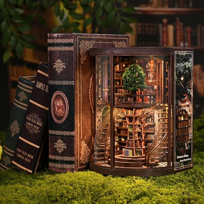 DIY Book Nook Kit with LED Light, Miniature Dollhouse, 3D Wooden Puzzle, Bookshelf Insert Decor Craft Gift (Wisdom Rings Book Repository) - style: Wisdom Rings Book Repository