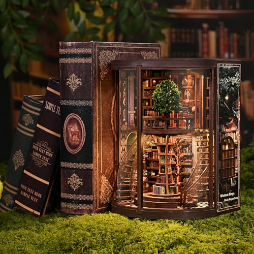 DIY Book Nook Kit with LED Light, Miniature Dollhouse, 3D Wooden Puzzle, Bookshelf Insert Decor Craft Gift (Wisdom Rings Book Repository) - style: Wisdom Rings Book Repository
