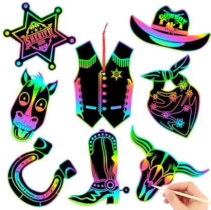 JULMELON 36Pcs Western Crafts for Kids, Cowboy Rainbow Scratch Art Cards - style: Western