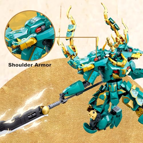 HIGH GODO Mech Robot Building Blocks Set for Adults, Cool Green Dragon Warrior Model Kit with Long Spear Toy Playset, 704 Pieces Collectible Mythical Ninja Gifts for Teens Ages 14+ - color: Green