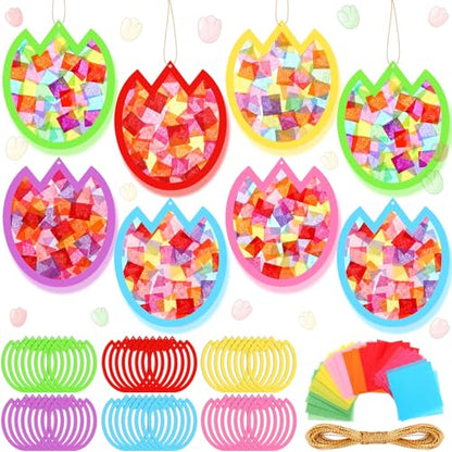 DoubleFill 48 Pcs Tulip Suncatchers Craft Kits Flower Craft DIY Stained Glass Effect Tissue Paper Kits Bulk for Home Window Decor Ornament Party Art Activities - style: Tulip