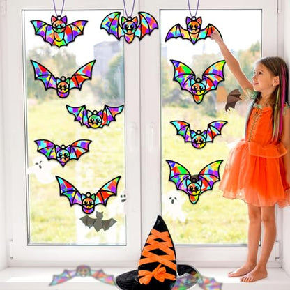 QOUBAI 32 Sets Halloween Bats Suncatchers Craft Kit DIY Window Stained Glass Effect Halloween Bats Paper Crafts Home School Classroom Decoration Kid Birthday Gift Creative Art Project Activity Game - style: Halloween Bat