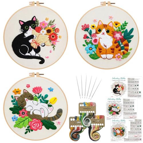 Nuberlic 3 Pack Cat Embroidery Kit for Beginners Adults - color: CAT