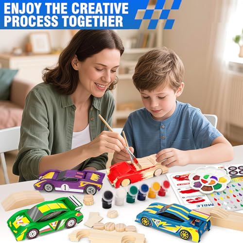 Shyling 4 Wooden Race Car Painting Kit, Arts & Crafts DIY Kit for Kids 8-12 - style: Model B