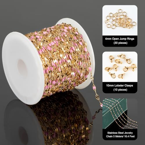 UMAOKANG Pink Enamel Chains for Jewelry Making Stainless Steel Chain Bulk - color: Gold-Pink