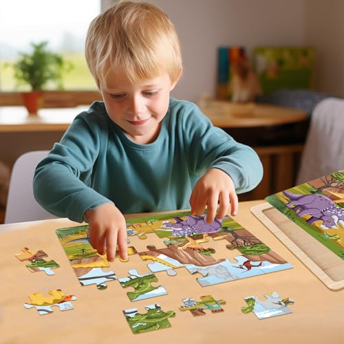 Wooden Puzzles Dinosaur Toys for Kids Ages 3-5, 4 Pack 24 Pieces - color: Wooden Puzzles